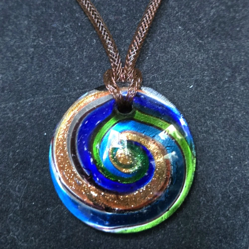 Hand blown glass Vibrant Spiral Pendant Necklace in Blue Green & Gold - Picture 1 of 5